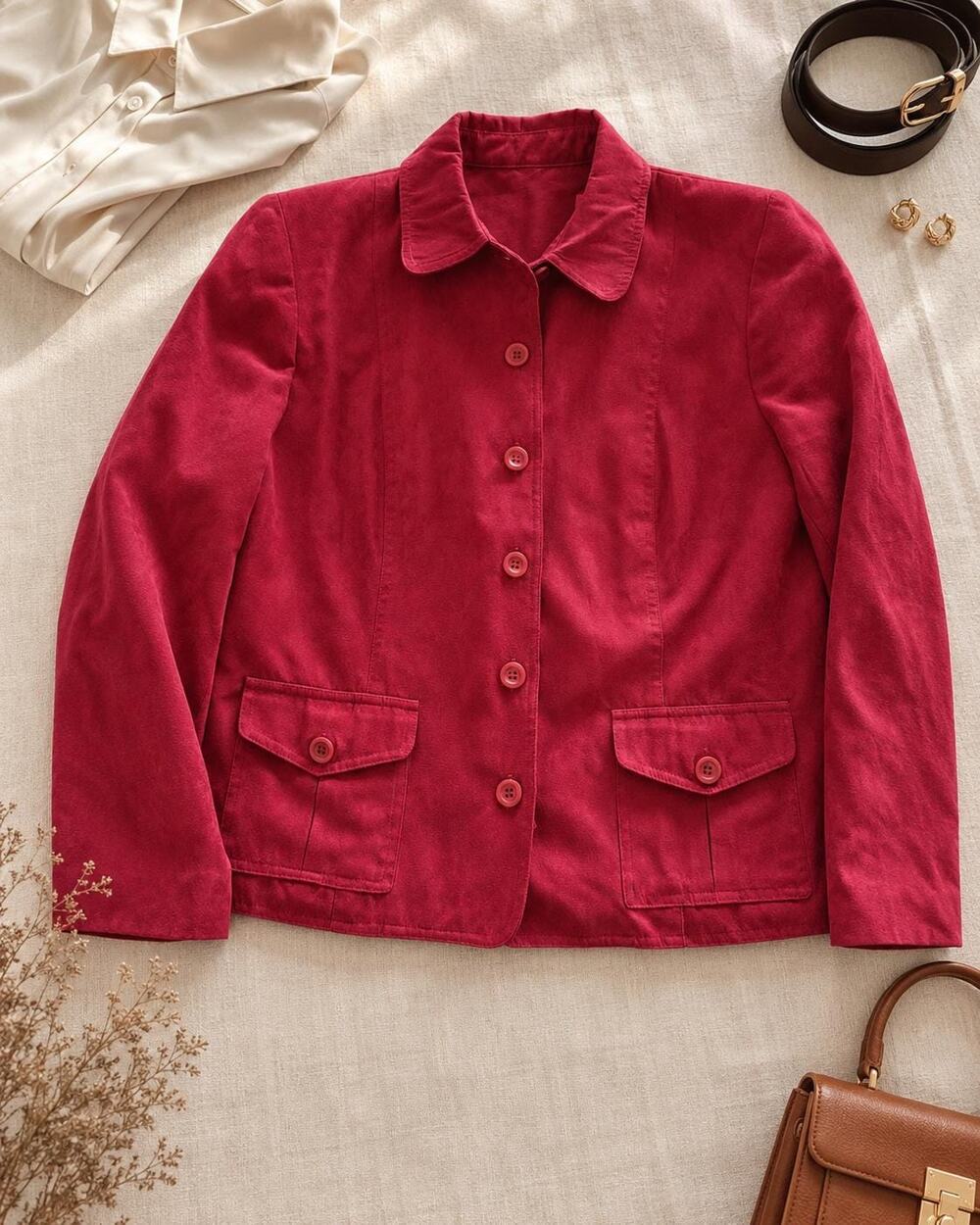 Vintage Alfred Dunner Red Faux Suede Button Front Blazer Petite Size 8P